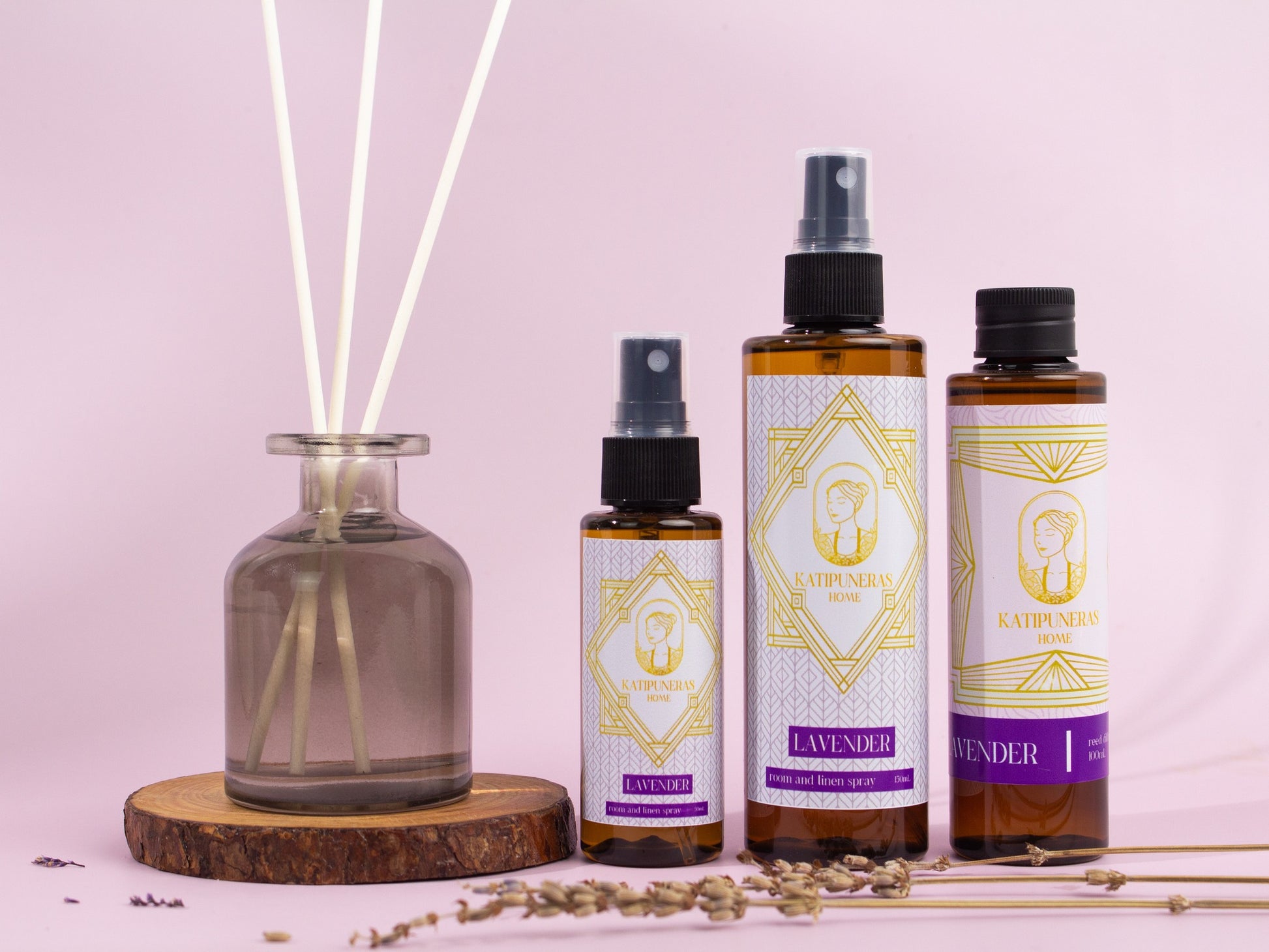 Lavender home spray bottle in 60 60ml and 120 ml—calming scent for room and linens. With refill and diffuser